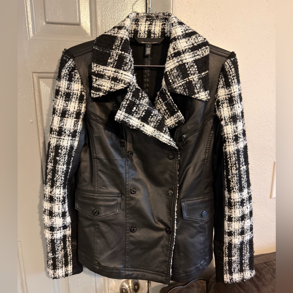 White House Black Market Black Faux Leather Jacket with Black & White Tweed